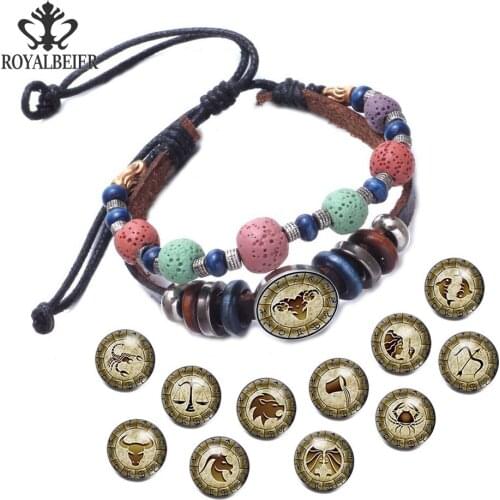 RoyalBeier Colorful Stone Beaded Bracelets 12 Constellation 18mm Snap Buttons Leather Stretch Bangles For Women & Men Jewelry