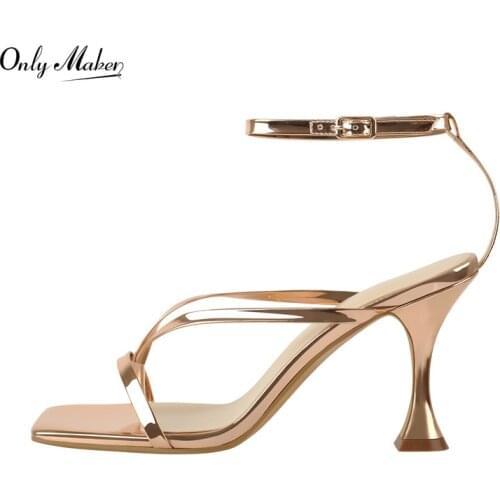 Onlymaker High Heels Sandal Women Flip Flops Patent Square Open Toe Ankle Buckle Metal Kitten Heel