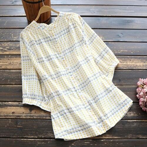 7582 New Summer Women Tops Mori Girl Polka Dot Print Literary Short Sleeve Stand Collar Shirt Casual Cotton Blouse