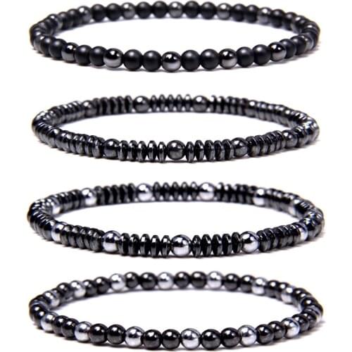4 mm Natural Hematite Bracelets Men Handmade Stretch Jewelry Slice Black Stone Beads Charm Bangle Women Balance Pulsera Gifts
