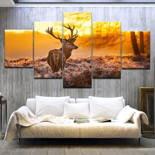 5Panel/piece HD Printed Sunset Milu deer animal canvas painting wall posters For home living room decoration
