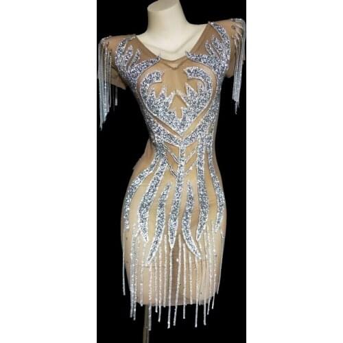 Sparkly Silver Rhinestone Mirror Elastic fabric short Dress Women Birthday Stage play Celebrate Dress Dancer Party Show Dress