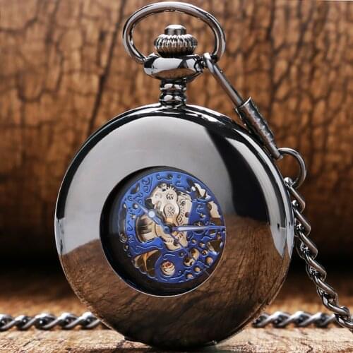 Smooth Black Half Hunter Mechanical Pocket Watch Self Winding Blue Roman Numerals Display Dial Vintage Pendant Pocket Clock Male