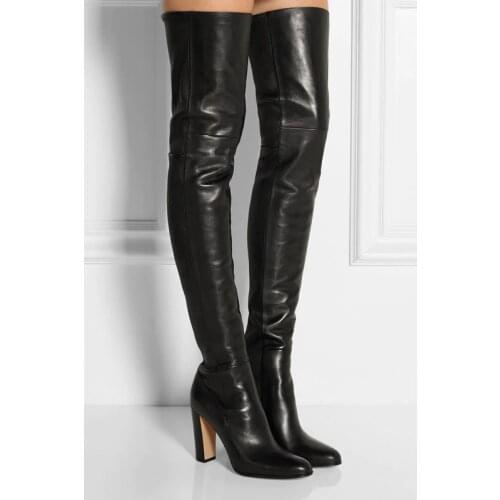 Black PU leather over the knee boots women pointed toe chunky heeled booties thick high heels tall winter long gladiator boots