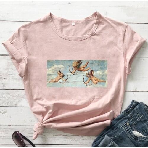 Colored Cupids 100% Cotton T-shirt Vintage Women Graphic Angel Art Top Tee Shirt Aesthetic Christian Cherub Tshirt