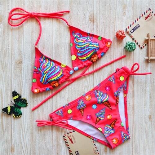 2021 Childrens Swimsuit Cartoon Ice Cream Print Girls Swimsuit Triangle Straps Bubble Hanging Neck Swimsuit
