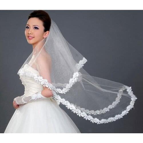 Cheap Bridal Veils For Wedding One Layer White White Veils with Lace Appliques Tulle Wedding Veil