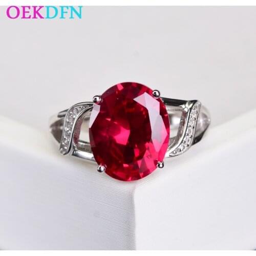OEKDFN Korean 100% 925 Sterling Silver Rings Oval Ruby Gemstone Wedding Engagement Opening Adjustable Crystal Ring Bands Jewelry