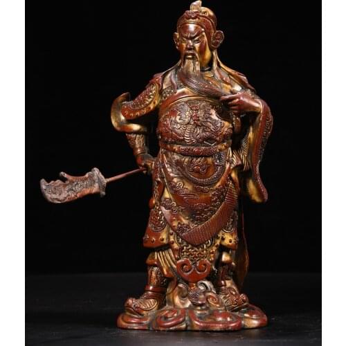 9"Tibet Temple Collection Old Bronze Lacquer Cinnabar Guan Gong Statue Take Guan Gong Knife Loyalty Ornaments Town House