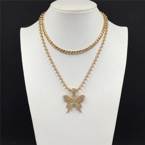 Pretty Gold Color Plating Big Butterfly Pendant Ball Chain Layered Necklace For Women Girl Elegant Gorgeous Club Party Jewelry
