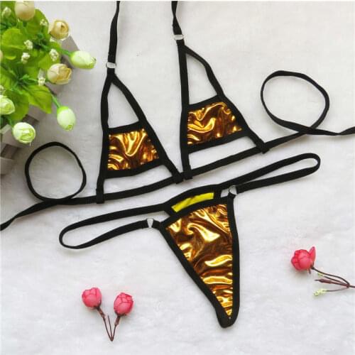 Micro bikini Sexy swimwear women swimsuit women biquini mini bikinis Patent leather Solid color Triangle Hollow out Bright light