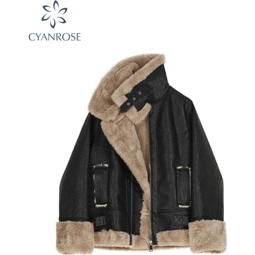 Fashion Faux Fur Coat Women Leather Jacket Autumn Winter Warm Plush Thick Outerwear Ladies Wool Fur Collar Zipper Basic Jackets