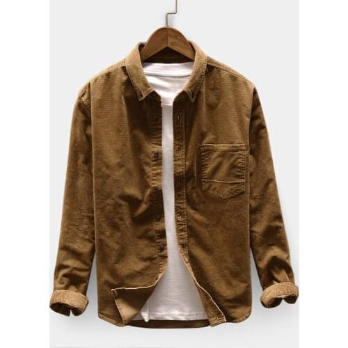 Men‘s Autumn Long Sleeve Corduroy Turndown Collar Double Pockets Shirts Premium Casual Top Blouse Shirts Streetwear Slim Male