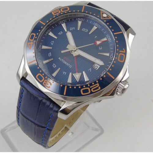 41mm Self Winding Men Watch Automatic GMT Movement Sapphire Glass Leather Strap Date Window