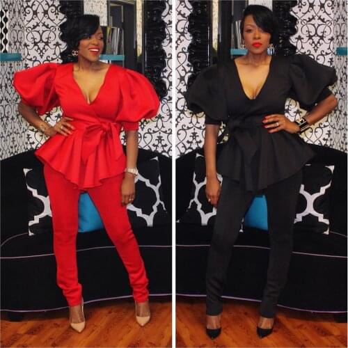 2020 New Women Winter Set V-Neck Short Puff Sleeve Bow Sashes Top+Pants Suits Solid Color Night Club Party Tracksuits GL6187