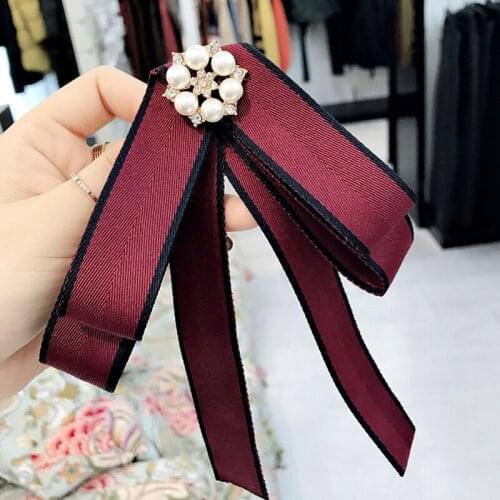 New College Ribbon Flower Rhinestone Brooch Shirt Pin Striped Pearl Shirt Large Bow Tie Collar Flower Needle Women Accessories