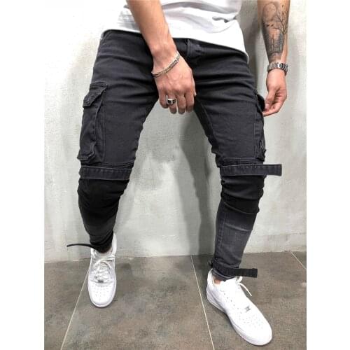 New Autumn Mens Slim Jeans Black Big Pocket Leisure Tie Mouth Male Small Feet Trousers High Quality Fashion Denim Pants