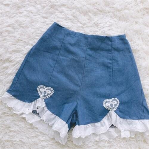OLOMLB Japanese Kawaii Soft Girl Denim Shorts Sweet Lolita Ruffles Heart-shaped Appliques Shorts Women Punk High Waist Shorts