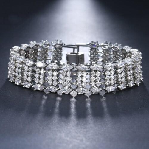 ORZTOON Vintage Shine Charm Round Zircon Bracelets for Women Luxury Silver Color Wide Chain Bracelet Trendy Wedding Jewelry New