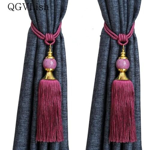 QGVLish 2Pcs Curtain Tassel Fringe Tie Backs Hanging Belt Ball Ropes Curtain Holdback Buckles Clasp Clips Curtain Accessories