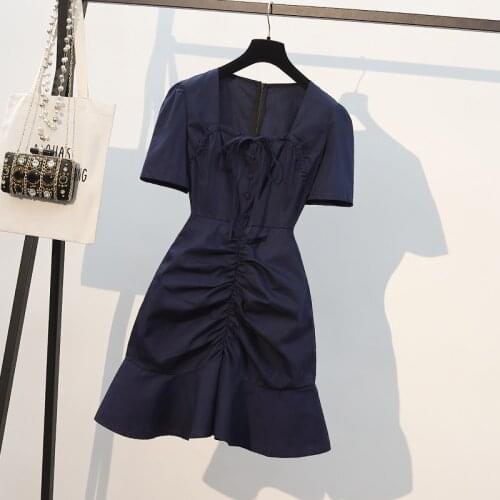 Plus size women Summer french vintage mermaid dresses for women short sleeve draped bodycon midi dresses female vestidos mujer