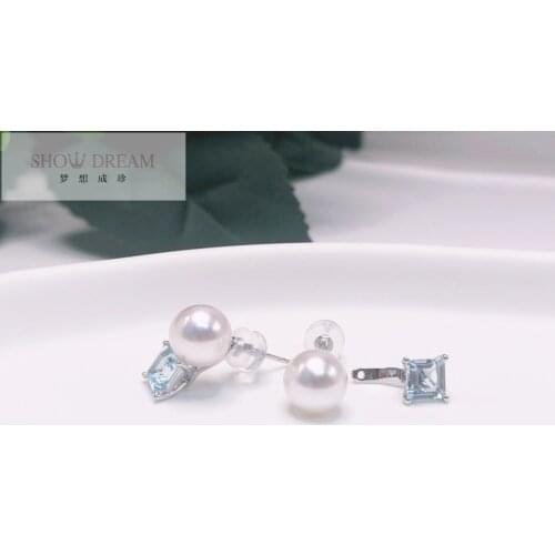 SHOWDREAM 18K Gold Akoya Seawater Pearl Earrings Inlay Aquamarine，Simple fashion