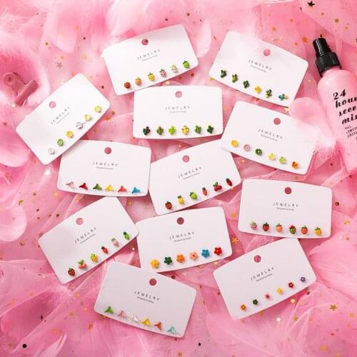 Cute 6 Pairs/Set Multiple Animal Geometric Earrings for Women Girl Colorful Heart Fruit Flower Stud Earrings Set Party Jewelry