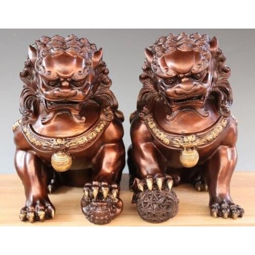 10" China Royal Palace Feng Shui Copper Bronze Fu Foo Dog Guardion Lion Animal Statue