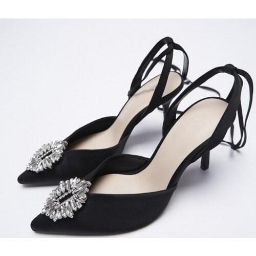 LMCAVASUN Pointed Toe Rhinestone High Heel Shoes For Women 2021 Summer Stiletto Heel Single-heeled Back Lace up Slingbanks Shoes