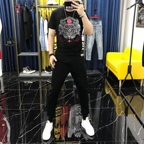 Street Exaggerated 3D Skull Hot Drilling Fashion Short-Sleeved Mens T-Shirt Casual Tracksuit