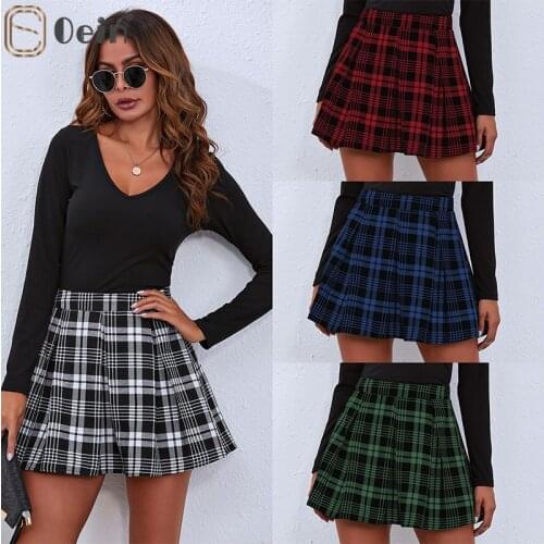 Oein Women Girls Spring Summer Autumn Vintage Stitching Patchwork High Waist Black White Gray Red Green Plaid Pleated Skirts
