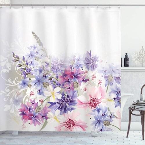 Lavender Shower Curtain Pastel Cornflowers Bridal Classic Design Gentle Floral Wedding Design Print Bathroom Decor Set with Hook