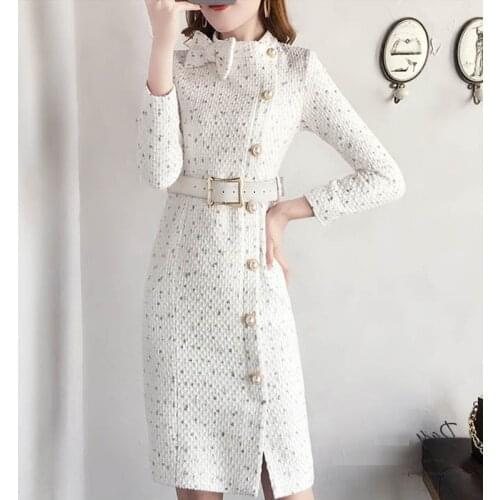2020 autumn winter Elegant Women Woolen Dress Pearl Button Tweed Dress Sexy Split Long Sleeve high waist Pencil Dress