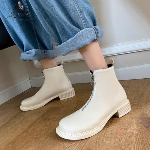 Sgesvier Autumn Ankle Boot Thick Heels Zipper Sexy Womens Western Boots Round Toe PU Leather Black white Shoes Size 33-43