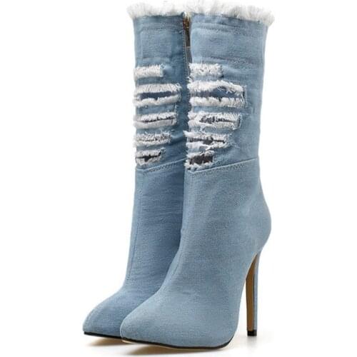 Women Zipper Boots Denim Boots Thin heels Fashion Pointed toe Ladies Sexy shoes New Motorcycle boots tassel Hole Booties