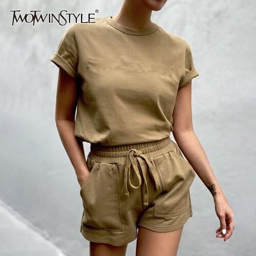 TWOTWINSTYLE Pure Color Two Piece Sets For Female O Neck Short Sleeve T Shirt Lace Up Shorts Womens Casual Set Sportswear