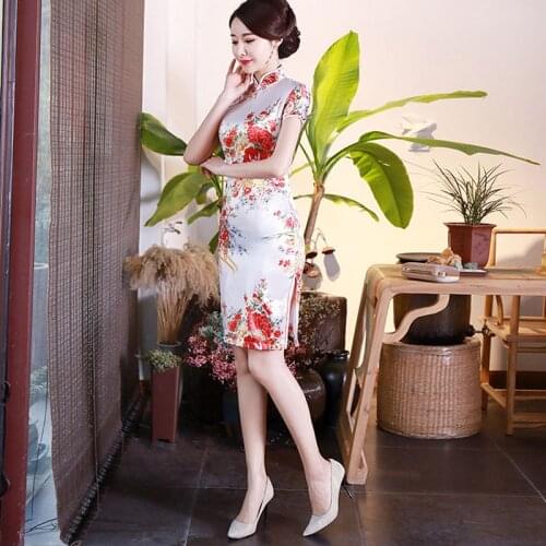 BLACK Print Flower Women Short Slim Cheongsam Sexy High Split Chinese Traditional Dress Plus Size Rayon Qipao Vestidos S-6XL