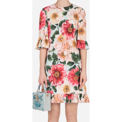 2021 New 3D Flower Print Women Dress Elegant O-Neck Flare Sleeve Casual Dresses D4192