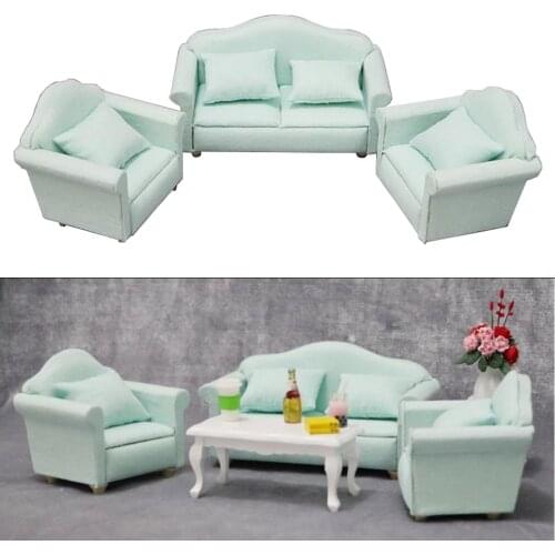 3Pcs 1/12 Scale Miniature Dollhouse Love Seat Sofa Armchair Set Dolls House Furniture Accessories Couch Green Color