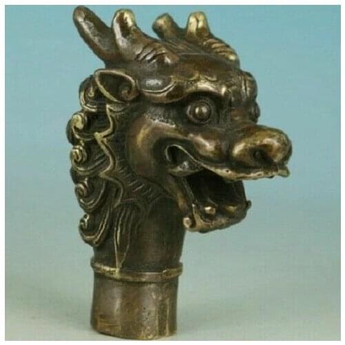 Asian Chinese Old Bronze Handwork Carved Dragon Statue Walking Stick Head