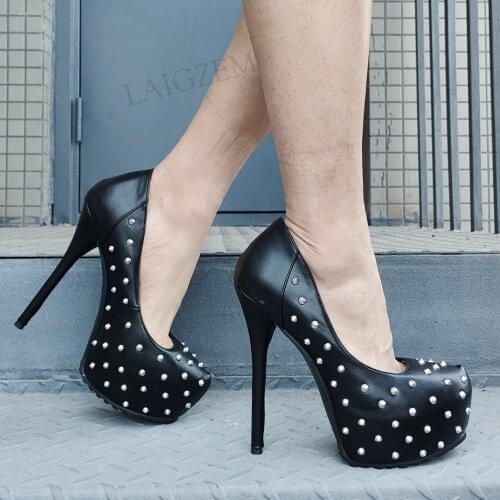 BERZIMER Women Platform Pumps Studded Round Toe High Heels Party Prom Sandals Faux Leather Shoes Woman Large Size 42 44 48 50 52