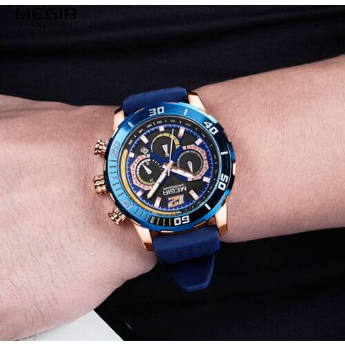 MEGIR Fashion New Watches Men Blue Silicone Strap Chronograph Quartz Watch Luminous Wristwatch Relojes para hombres Мужские часы