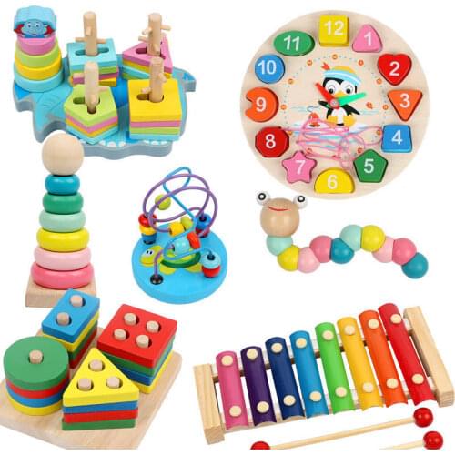 Kids Blocks Toys Montessori Wooden Learning Toy Baby Music Rattles Graphic Colorful Wooden Blocks Educational Toy