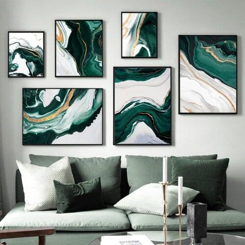 Big Modern Abstract Gold Foil Lines Green Canvas Art Paintings for Living Room Bedroom Posters and Prints Wall Poster Home Decor
