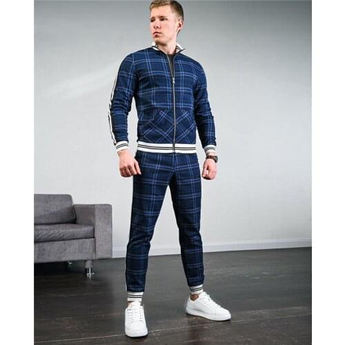 Mens Sets Men Fashion Track Suit Plaid Men Casual Zipper Set Male Sweatshirt Pocket Jacket Tops Trousers Autumn Man Clothes Set