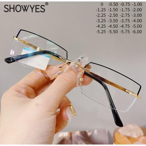 New Business Men Luxury Rimless Anti Blue Light Myopia Glasses High Clear Lens Hyperopia Mens Gold Diamond Cutting Eyeglasses