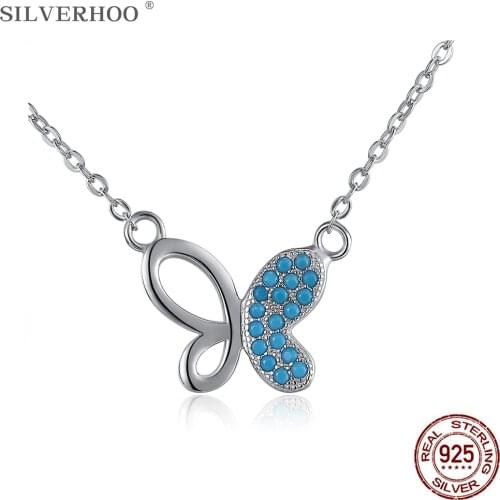 SILVERHOO Sterling Silver 925 Jewelry Cute Butterfly Necklaces Pendant For Women Personality Blue Semi Precious Stone Necklace