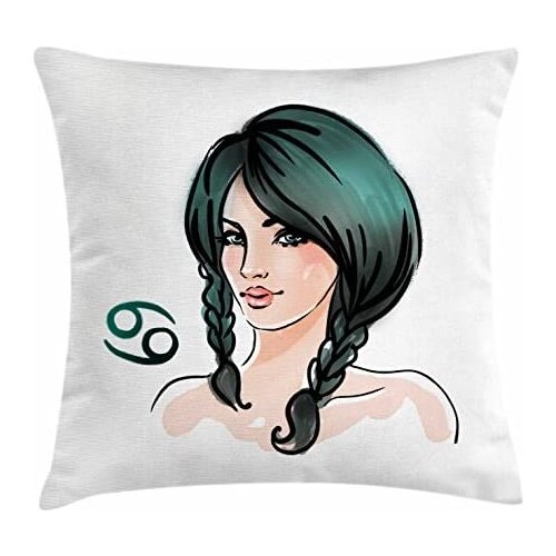 Pooizsdzzz Zodiac Cancer Throw Pillow Cushion Cover, Watercolor Girl Portrait with Braided Hair Arology Theme, Decorative Square