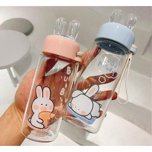 450ml Protable High Borosilicate Glass Water Bottle Cup Easter Bunny Picture with Cap