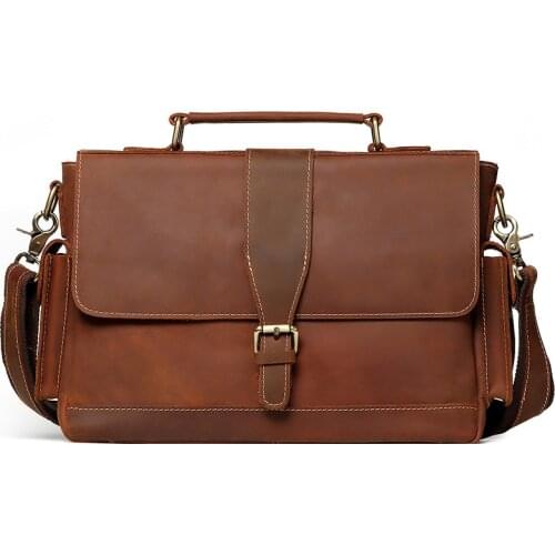 Vintage Mens Crazy Horse Genuine Leather Briefcase Cowhide Business Handbag Cow Leather Laptop Portfolio Shoulder Messenger Bag